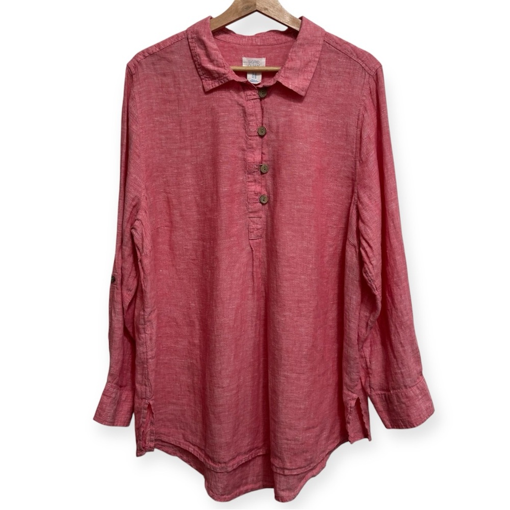 Sigrid Olsen 100% Linen Long Roll Tab Sleeves Popover Top 1X